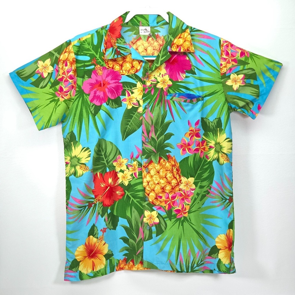 King Kameha Button Up Hawaiian Shirt Mens Medium Bright Floral Colorful Tropical